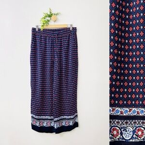LOFT Boho Blue Red Wide Leg Cropped Pull On Pants